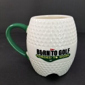 Born To Golf Forced To Work Golf Ball Shaped Ceramic Coffee Mug White Green